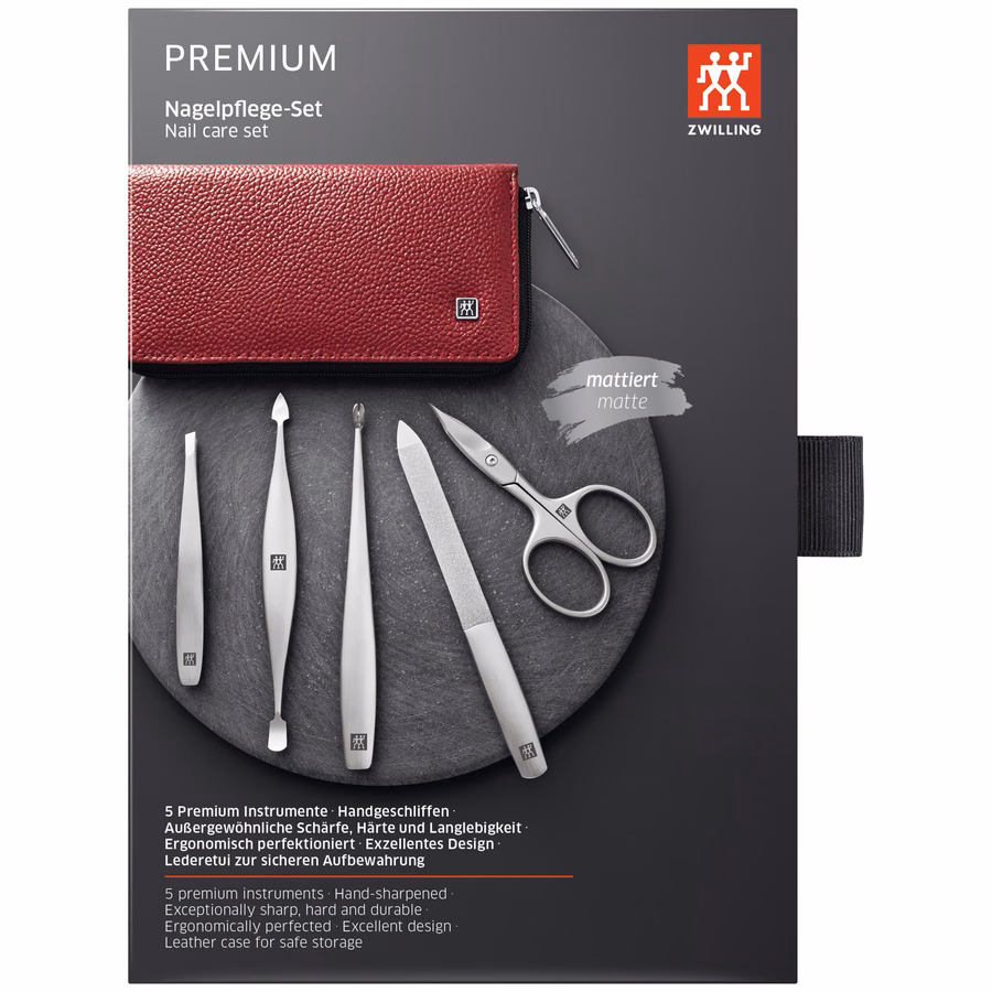 5-pc, Leather Manicure Pedicure Set With Combination Nail Scissors, Red