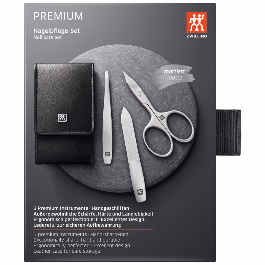 3-pc, Nappa Leather Manicure Pedicure Set With Combination Nail Scissors, Matte Black