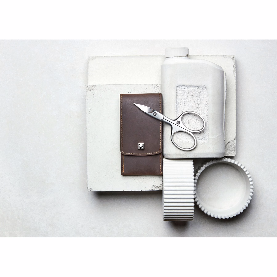 3-pc, Leather Manicure Pedicure Set With Combination Nail Scissors, Brown