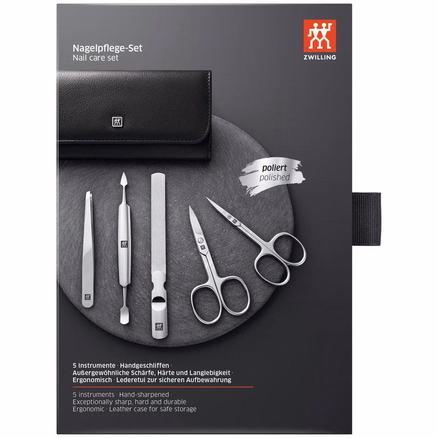5-pc, Leather Manicure Pedicure Set With Nail Scissors, Matte Black
