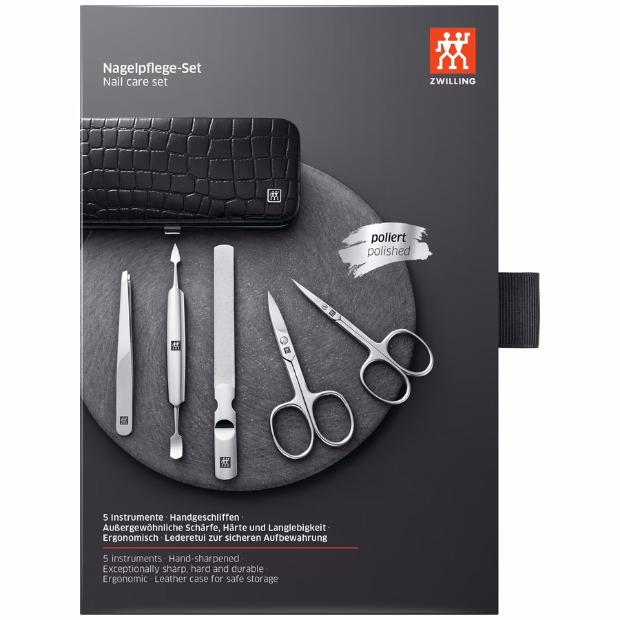 5-pc, Matte Black, Leather, Manicure Pedicure Set With Nail Scissors