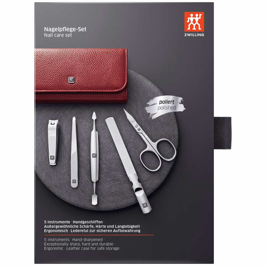 5-pc, Leather Manicure Pedicure Set With Nail Clippers, Red