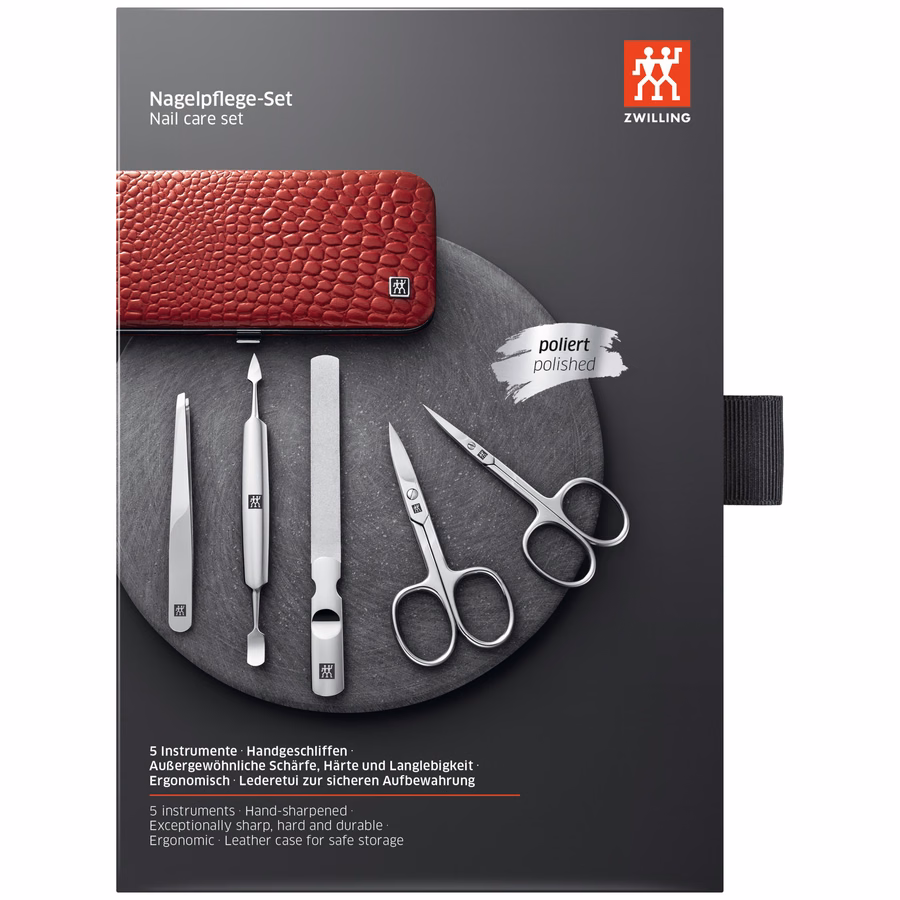 5-pc, Red, Leather, Manicure Pedicure Set With Nail Scissors