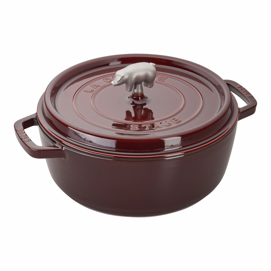 6 qt, Pig, Cochon Shallow Wide Round Dutch Oven, Grenadine