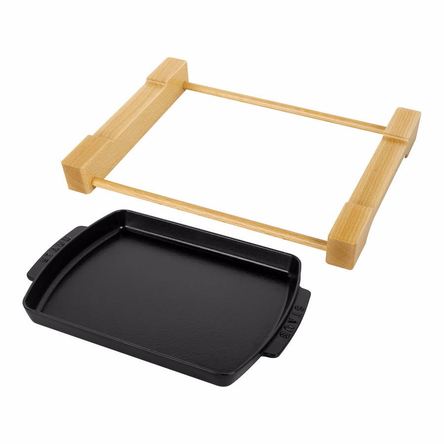 13-inch x 9-inch, Rectangular Serving Dish With Wood Base, Matte Black